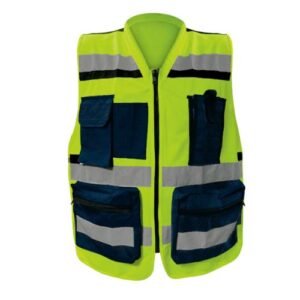 CHALECO TXL REPORTERO EUROPEO AMARILLO CREFLEJANTE 100% POLIESTER MOD. SR1057 MCA. MR. Chaleco reportero europeo con reflejante