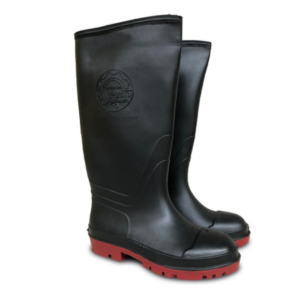 Bota de hule con casco de acero y suela roja